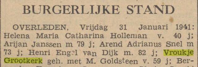 Overlijdensadvertentie Froukje Grootkerk.