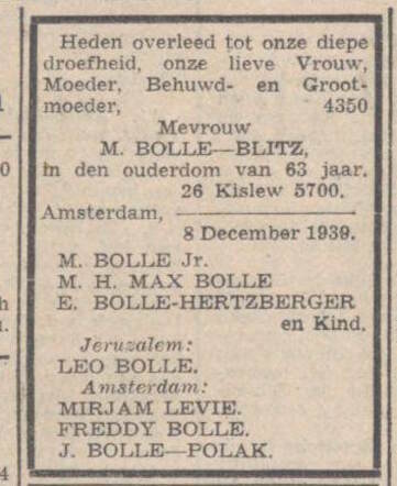 Marie Bolle-Blitz, Nieuw Israelietisch Weekblad 15 dec 1939.jpg