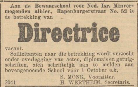 00008 JPG Bewaarschool N.I. Minvermogenden NIW 06-09-1907 vac directrice.jpg