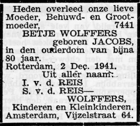Obit for Betje Wolffers-Jacobs.