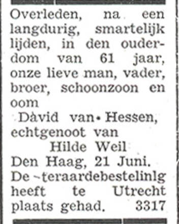 Obiturary for David van Hessen.