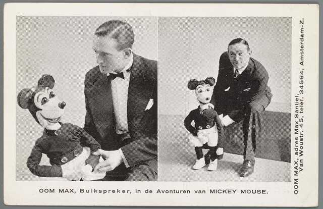Prentbriefkaart met twee foto's van buikspreker 'Oom Max' met Mickey Mouse. Collectie JHM
