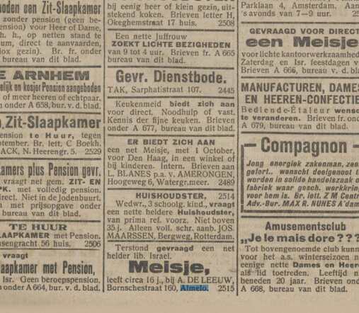 Meisje gevraagd, NIW 10 september 1920