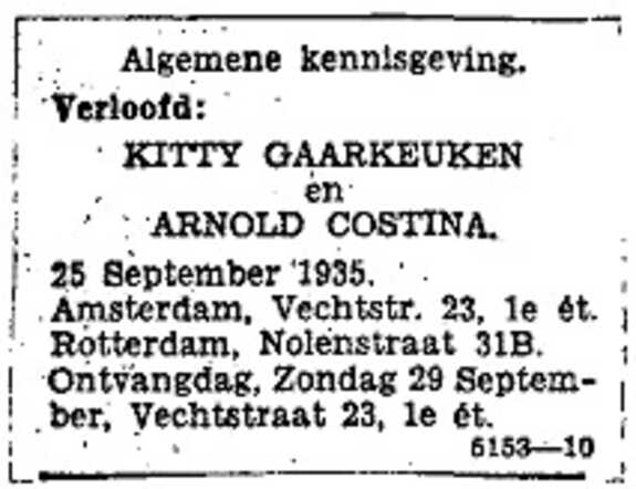 Verloving Arnold Costima en Kitty Gaarkeuken, 25 september 1935