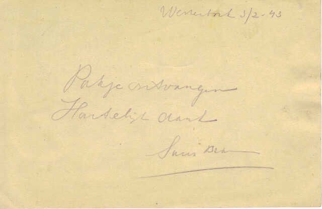 Pakje ontvangen,Hartelijke Dank 3.3.1943
