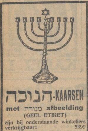 Chanoeka-kaarsen waren ook te koop bij kruidenier Levie Lierens. 20-12-1929,NIW