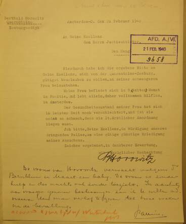 Berthold Horowitz vraagt verlof om bij vrouw te zijn