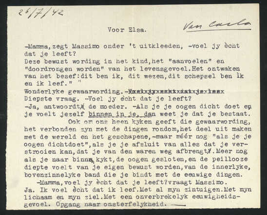 Getypte tekst van Carla Simons voor haar vriendin Elsa Mazzoleni, 1942