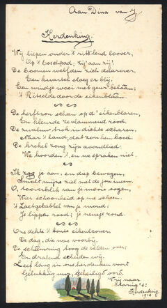 Manuscript van een door Jacques Hartog gemaakte vrije bewerking van het gedicht "Herdenking" van A.C.W. Staring opgedragen aan zijn vriendin Dina Leemans, 1914