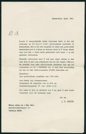 Afscheidsbrief van Jacob Roos aan zijn patiënten