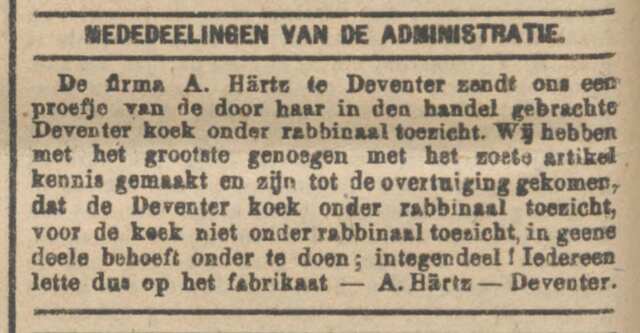 Advertentie Hartz Deventer koek in NIW 8-10-1919