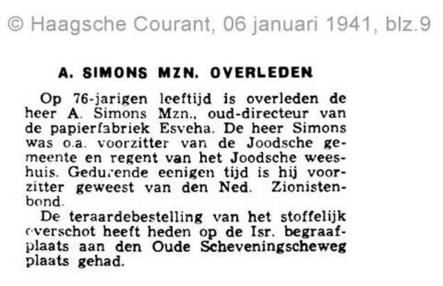 A. Simons Mzn. Overleden