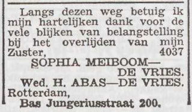 Dankbetuiging van Henderika Abas-de Vries