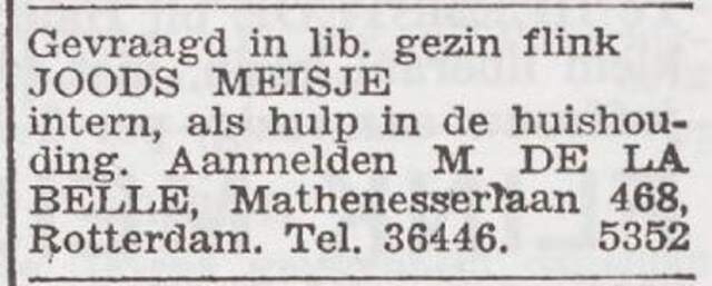Advertentie 'personeel gevraagd' van het gezin Matthijs de la Bella