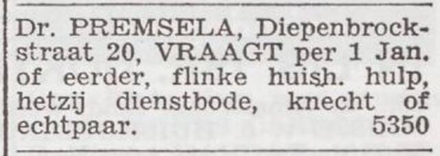 Advertentie 'personeel gevraagd' van dr. Benedictus Premsela