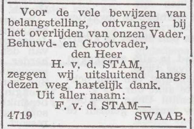 Dankbetuiging van de familie Van der Stam