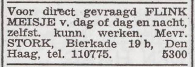 Advertentie 'personeel gevraagd' van het gezin Aäron Stork