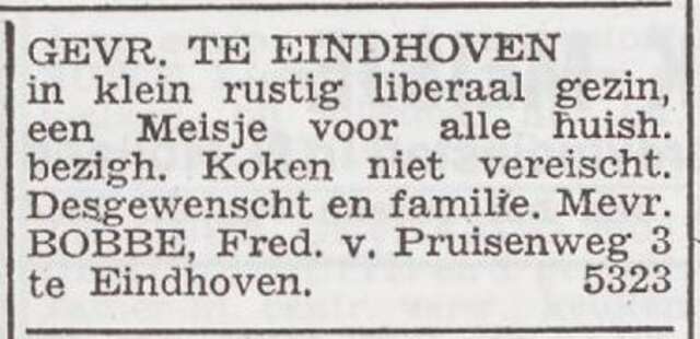 Advertentie 'personeel gevraagd' van het gezin Bobbe