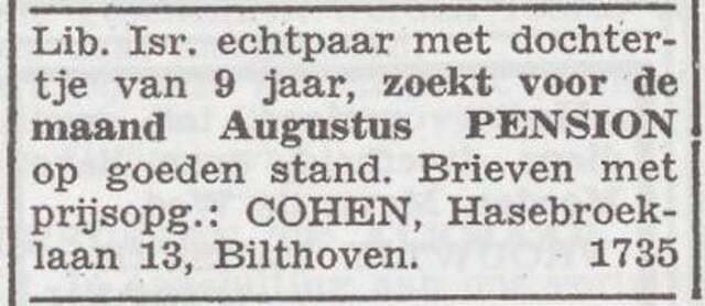Advertentie van het gezin Sigfried Cohen