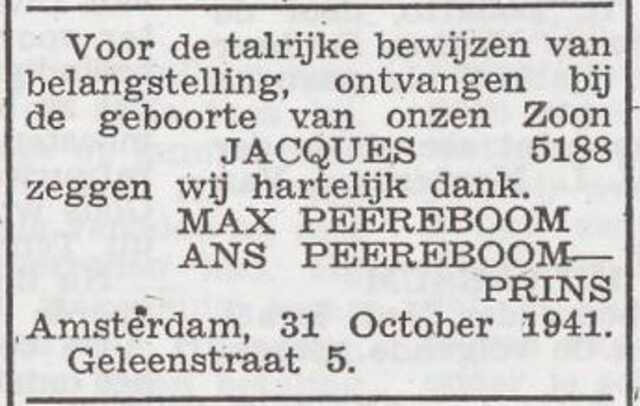 Dankbetuiging van het gezin Max en Ans Peereboom