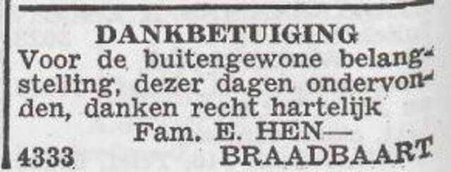 Dankbetuiging van het gezin Elias Hen-Braadbaart