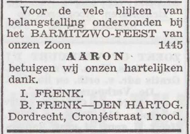 Dankbetuiging van het gezin Frenk