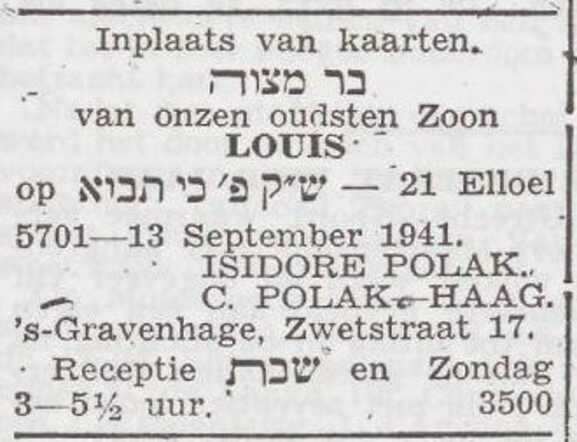 Aankondiging van de bar mitswa van Louis Polak