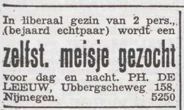 Advertentie 'personeel gevraagd' van het echtpaar Philippus de Leeuw
