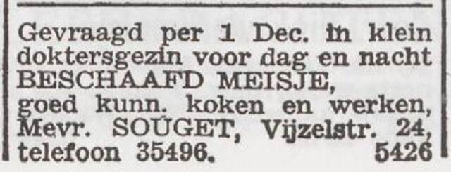 Advertentie 'personeel gevraagd' van het gezin Aron Souget