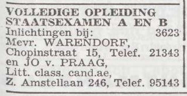 Advertentie van Johanna van Praag en mw. Warendorf