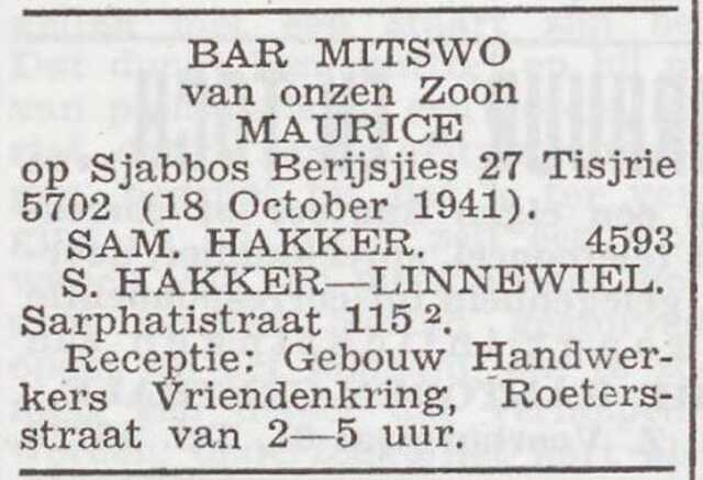 Aankondiging van de bar mitswa van Maurice Hakker