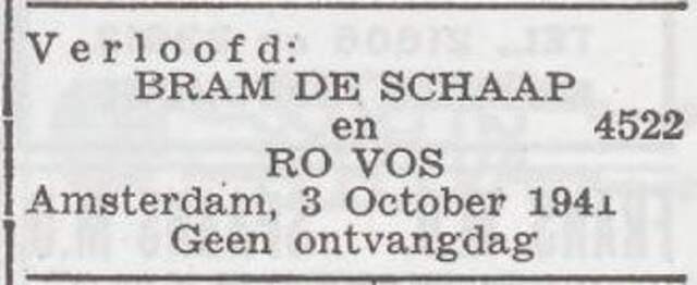 Bekendmaking van de verloving van Abraham de Schaap en Rosaliene Vos