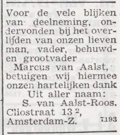 Dankbetuiging van de familie van Aalst