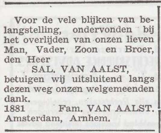 Dankbetuiging van de familie Van Aalst