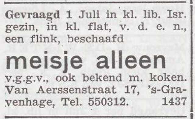 Advertentie van Betty Bernardine de Kadt-van Aalten