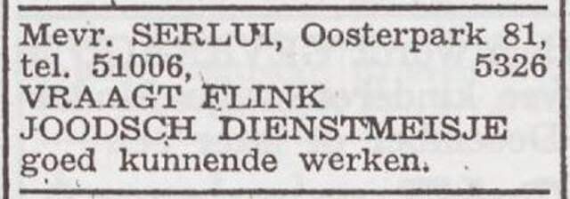 Advertentie 'personeel gevraagd' van het gezin Alexander Serlui