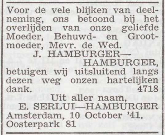 Dankbetuiging van de families Serlui en Hamburger