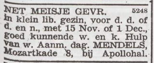 Advertentie 'personeel gevraagd' van het gezin Maurits Mendels