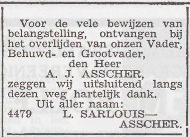 Dankbetuiging van de families Sarlouis en Asscher