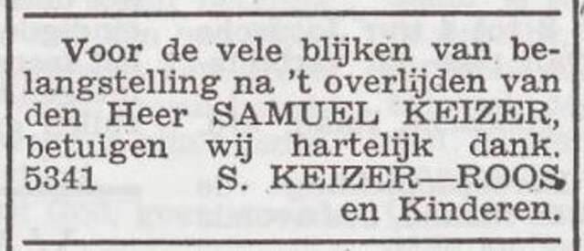 Dankbetuiging van het gezin Keizer