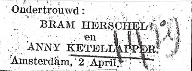 Aankondiging van ondertrouw van Bram Herschel en Anny Ketellapper
