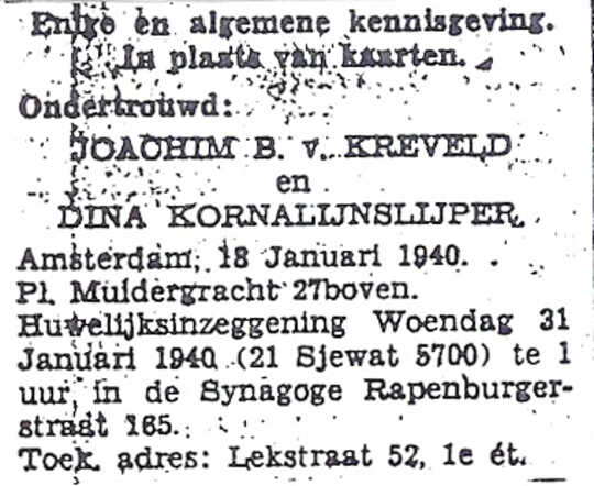 Aankondiging van ondertrouw van Joachim Benjamin van Kreveld en Dina Kornalijnslijper