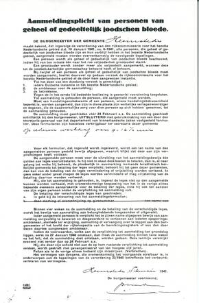 Aanmeldingsplicht voor Heemstedenaren met een joodse achtergrond. Je moest je aanmelden indien je tenminste 1 joodse grootouder had