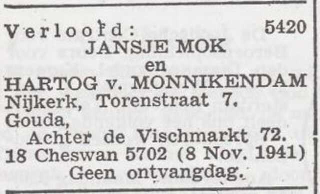 Aankondiging van de verloving van Jansje Mok en Hartog van Monnikendam