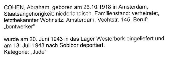 Aanvullende informatie van International Tracing Service (ITS) dd 01-08-2012 over Abraham Cohen