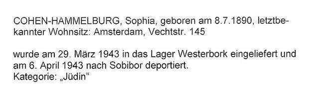 Aanvullende informatie van International Tracing Service (ITS) dd 03-08-2012 over Sophia Hammelburg