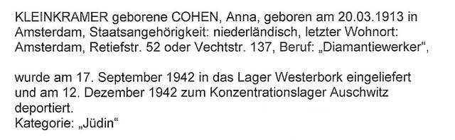 Aanvullende informatie van International Tracing Service (ITS) dd 07-08-2012 over Anna Kleinkramer-Cohen