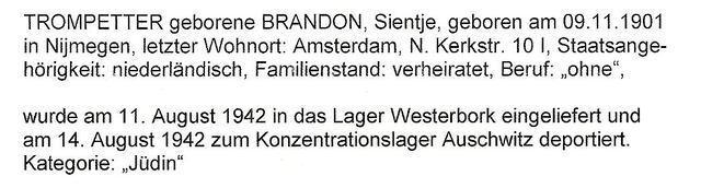 Aanvullende informatie van International Tracing Service (ITS) dd 07-08-2012 over Sientje Trompetter-Brandon