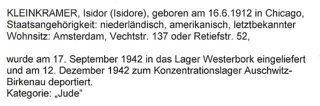 Aanvullende informatie van International Tracing Service (ITS) dd 17-08-2012 over Isadore Kleinkramer