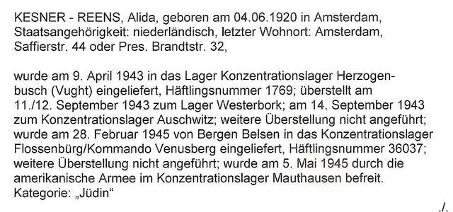 Aanvullende informatie van International Tracing Service (ITS) dd 21-08-2012 over Alida Kesner-Reens